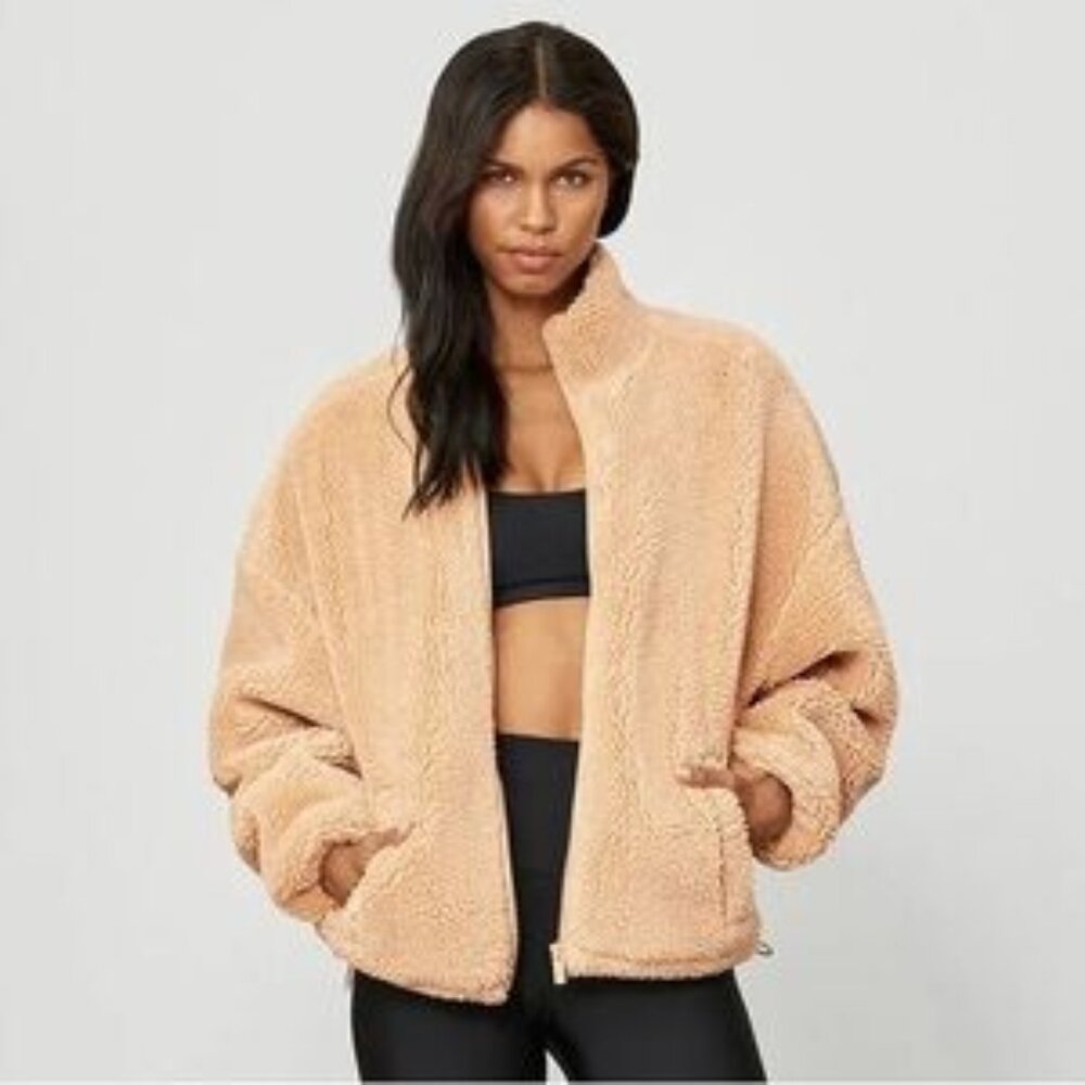 EUC Alo Yoga Camel Small Sherpa Flurry Faux Fur Jacket Zip Front.
